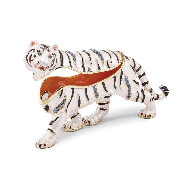Luxury Giftware Pewter Bejeweled Crystals Gold-tone Enameled MALA White  Tiger Trinket Box with Matching 18 Inch Necklace