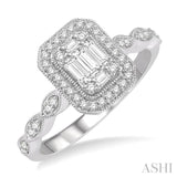 3/8 Ctw Emerald Shape Round Cut and Baguette Diamond Fusion Engagement Ring in 14K White Gold