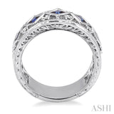 3x3 MM Princess Cut Sapphire and 1/4 Ctw Round Cut Diamond Precious Fashion Band in 14K White Gold