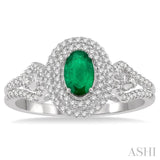 6x4 MM Oval Shape Emerald and 1/3 Ctw Round Cut Diamond Precious Ring in 14K White Gold