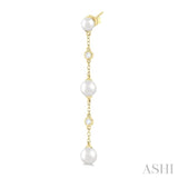 4 MM, 5 MM & 6 MM Round Shape Cultured Pearls and 1/10 Ctw Round Cut Diamond Station Long Earring in 14K Yellow Gold