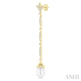 9X7 MM Marquise Link Teardrop Cultured Pearl and 1/2 Ctw Round Cut Diamond Long Earring in 14K Yellow Gold