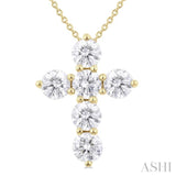 2 Ctw Round Cut Diamond Christian Cross 6-Stone Fashion Pendant With Chain in 14K Yellow Gold