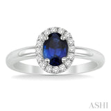 6x4 MM Oval Shape Sapphire and 1/6 Ctw Round Cut Diamond Precious Ring in 14K White Gold