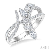 7/8 Ctw Split Bypass Shank Mixed Diamond Cut Fashion Ring in 14K White Gold