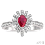 6x4 MM Lattice Pear Shape Ruby and 1/5 Ctw Round Cut Diamond Precious Ring in 10K White Gold