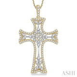7/8 Ctw Round Cut Diamond Cross Pendant With Chain in 14K Yellow and White Gold