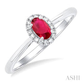 5x3 MM Oval Shape Ruby and 1/20 Ctw Single Cut Diamond Halo Precious Ring in 14K White Gold