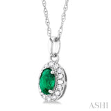 5x3 MM Oval Shape Emerald and 1/20 Ctw Single Cut Diamond Halo Precious Pendant with Chain in 10K White Gold