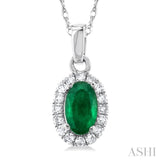 5x3 MM Oval Shape Emerald and 1/20 Ctw Single Cut Diamond Halo Precious Pendant with Chain in 10K White Gold
