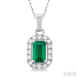5x3 MM Octagonal Shape Emerald and 1/20 Ctw Single Cut Diamond Halo Precious Pendant with Chain in 10K White Gold