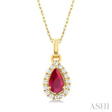 5x3 MM Pear Shape Ruby and 1/20 Ctw Single Cut Diamond Halo Precious Pendant with Chain in 14K Yellow Gold