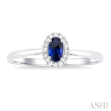 5x3 MM Oval Shape Sapphire and 1/20 Ctw Single Cut Diamond Halo Precious Ring in 14K White Gold