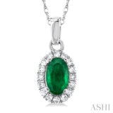 5x3 MM Oval Shape Emerald and 1/20 Ctw Single Cut Diamond Halo Precious Pendant with Chain in 14K White Gold