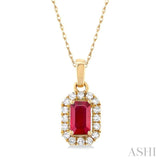 5x3 MM Octagonal Shape Ruby and 1/20 Ctw Single Cut Diamond Halo Precious Pendant with Chain in 10K Yellow Gold