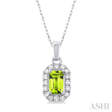5x3 MM Octagonal Shape Peridot and 1/20 Ctw Single Cut Diamond Halo Semi-Precious Pendant with Chain in 14K White Gold