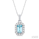 5x3 MM Octagonal Shape Aquamarine and 1/20 Ctw Single Cut Diamond Halo Semi-Precious Pendant with Chain in 14K White Gold