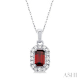 5x3 MM Octagonal Shape Garnet and 1/20 Ctw Single Cut Diamond Halo Semi-Precious Pendant with Chain in 14K White Gold