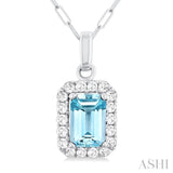 6x4 MM Octagonal Shape Aquamarine and 1/6 Ctw Round Cut Diamond Halo Semi-Precious Pendant with Chain in 10K White Gold