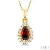 5x3 MM Pear Shape Garnet and 1/20 Ctw Single Cut Diamond Halo Semi-Precious Pendant with Chain in 14K Yellow Gold