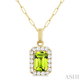 6x4 MM Octagonal Shape Peridot and 1/6 Ctw Round Cut Diamond Halo Semi-Precious Pendant with Chain in 14K Yellow Gold