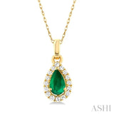 5x3 MM Pear Shape Emerald and 1/20 Ctw Single Cut Diamond Halo Precious Pendant with Chain in 14K Yellow Gold