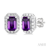 5x3 MM Octagonal Shape Amethyst and 1/8 Ctw Single Cut Diamond Halo Semi-Precious Stud Earrings in 10K White Gold