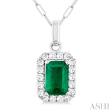6x4 MM Octagonal Shape Emerald and 1/6 Ctw Round Cut Diamond Halo Precious Pendant with Chain in 14K White Gold