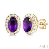 5x3 MM Oval Shape Amethyst and 1/8 Ctw Single Cut Diamond Halo Semi-Precious Stud Earrings in 14K Yellow Gold
