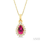5x3 MM Pear Shape Pink Tourmaline and 1/20 Ctw Single Cut Diamond Halo Semi-Precious Pendant with Chain in 14K Yellow Gold