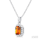5x3 MM Octagonal Shape Citrine and 1/20 Ctw Single Cut Diamond Halo Semi-Precious Pendant with Chain in 14K White Gold