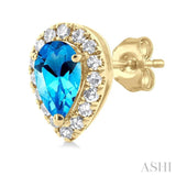 5x3 MM Pear Shape Blue Topaz and 1/8 Ctw Single Cut Diamond Halo Semi-Precious Stud Earrings in 10K Yellow Gold