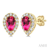 5x3 MM Pear Shape Pink Tourmaline and 1/8 Ctw Single Cut Diamond Halo Semi-Precious Stud Earrings in 14K Yellow Gold