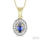6x4 MM Oval Cut Sapphire and 1/5 Ctw Round Cut Diamond Pendant in 14K Yellow Gold with Chain