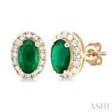 5x3 MM Oval Shape Emerald and 1/8 Ctw Single Cut Diamond Halo Precious Stud Earrings in 14K Yellow Gold