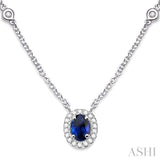 6x4 MM Oval Cut Sapphire and 1/6 Ctw Round Cut Diamond Precious Necklace in 14K White Gold