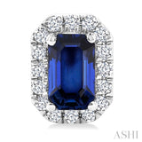 5x3 MM Octagonal Shape Sapphire and 1/8 Ctw Round Cut Diamond Halo Precious Stud Earrings in 10K White Gold