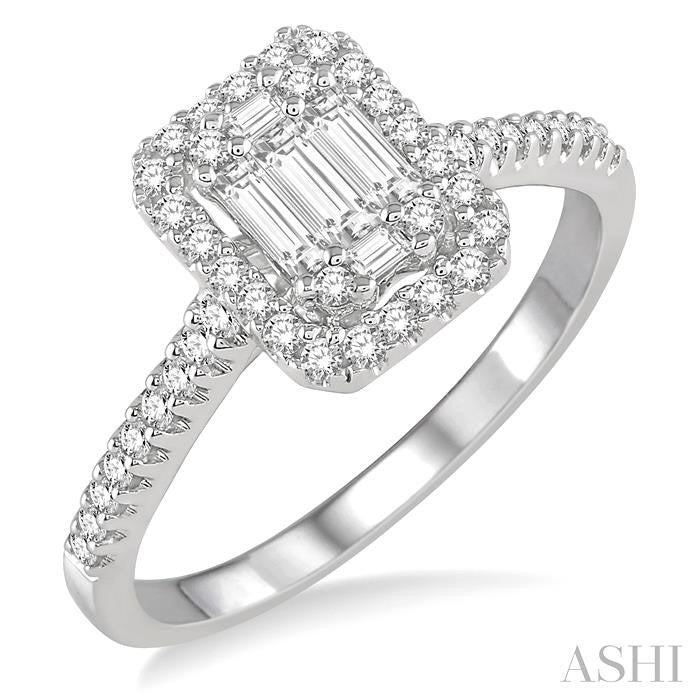 Emerald Shape Halo Fusion Diamond Engagement Ring