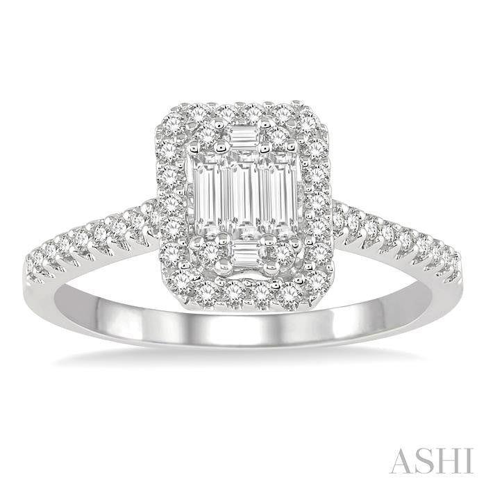 Emerald Shape Halo Fusion Diamond Engagement Ring