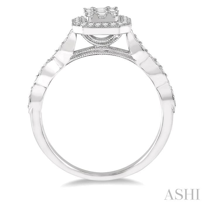 Emerald Shape Halo Fusion Diamond Engagement Ring