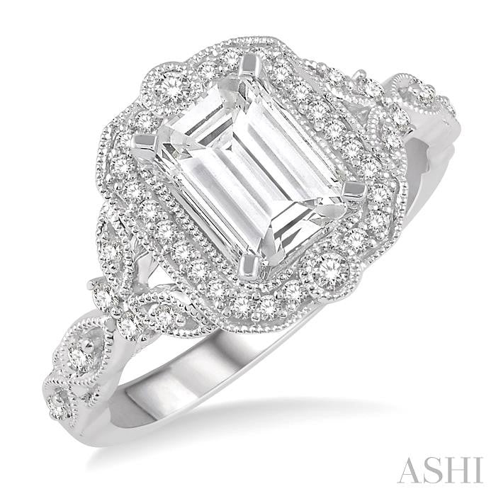 Emerald Shape Semi-Mount Halo Diamond Engagement Ring