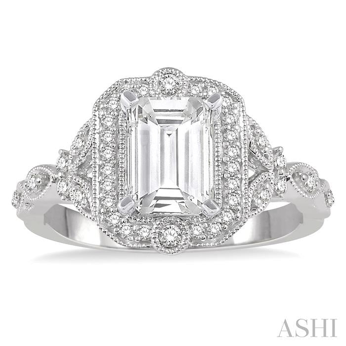 Emerald Shape Semi-Mount Halo Diamond Engagement Ring