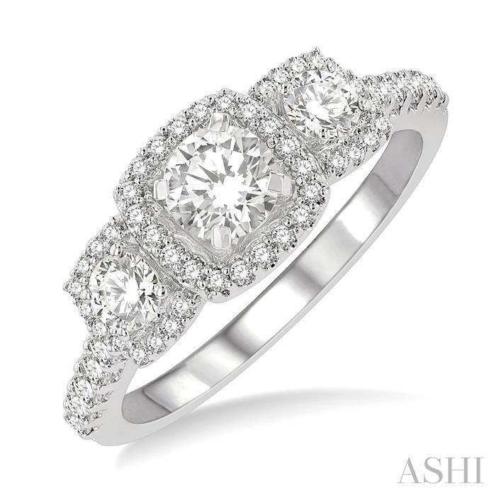 Cushion Shape Past Present & Future Halo Diamond Engagement Ring