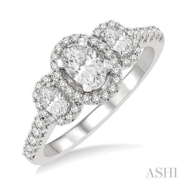 Oval Shape Past Present & Future Semi-Mount Halo Diamond Engagement Ring