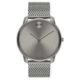 Movado BOLD Evolution watch, thin 40 mm gunmetal ion-plated stainless steel case, K1 crystal, gunmetal sunray dial