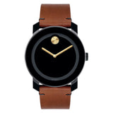 Movado Men's BOLD TR90 Watch with a Sunray Dot and Leather Strap, Black/Gold