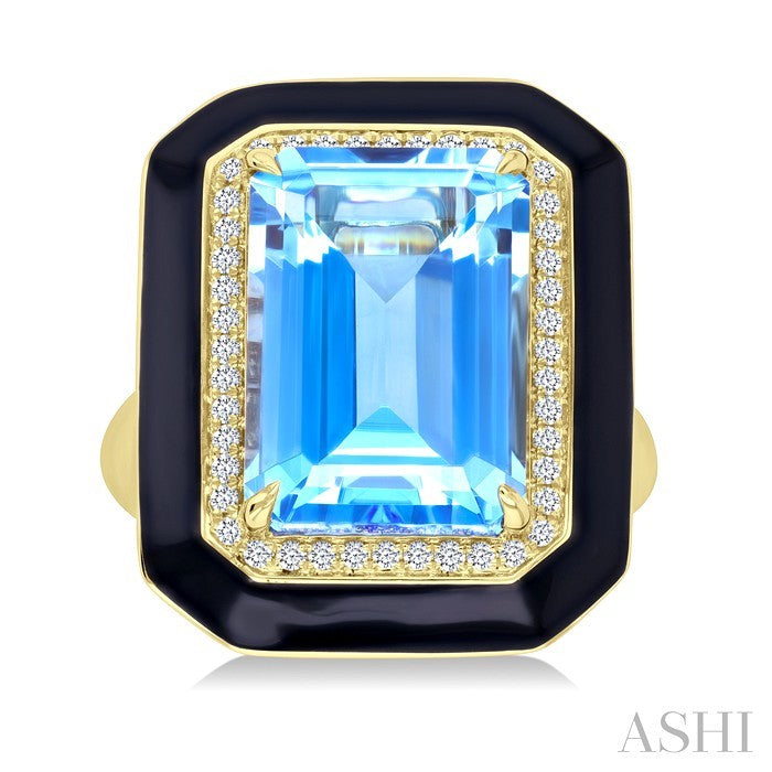 Evoque Gemstone Emerald Shape Black Enamel & Halo Diamond Ring