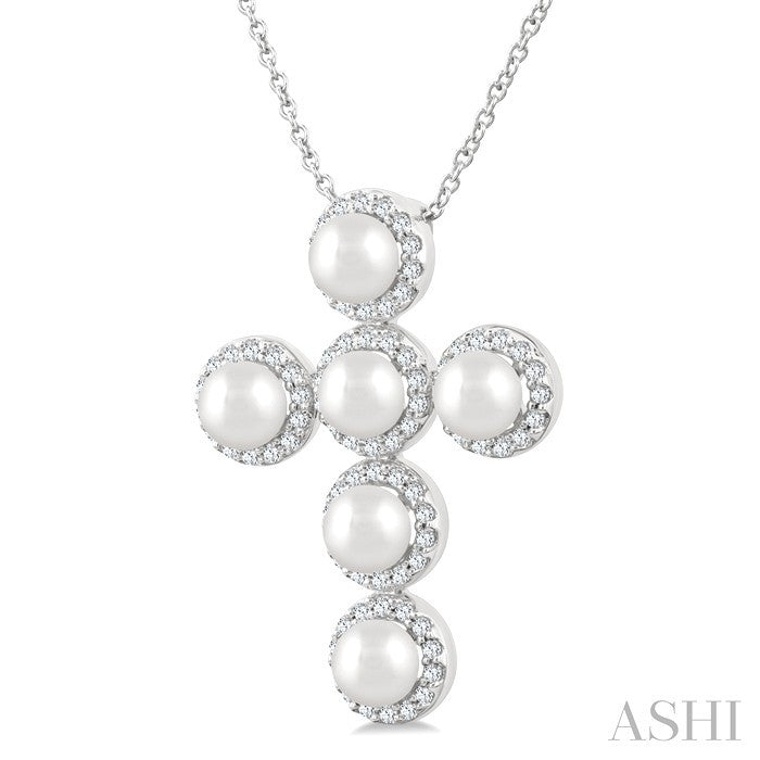 Cross Pearl & Halo Diamond Fashion Pendant