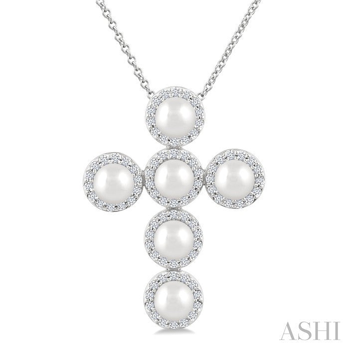 Cross Pearl & Halo Diamond Fashion Pendant
