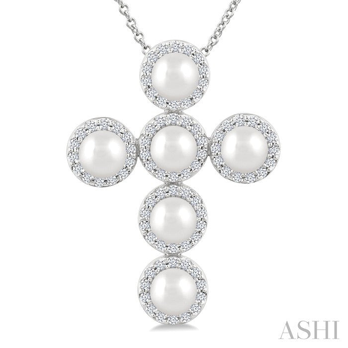Cross Pearl & Halo Diamond Fashion Pendant